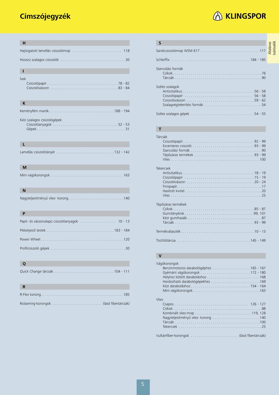 ...140 P Papír- és vászonalapú csiszolóanyagok... 10-13 Pikkelyező testek.... 183-184 Power Wheel...120 Profilcsiszoló gépek.... Q Quick Change tcsák...104-111 R R-Flex korong....185 Rotasmirg-korongok.