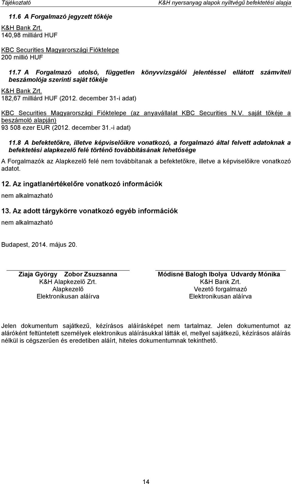 december 31-i adat) KBC Securities Magyarországi Fióktelepe (az anyavállalat KBC Securities N.V. saját tőkéje a beszámoló alapján) 93 508 ezer EUR (2012. december 31.-i adat) 11.