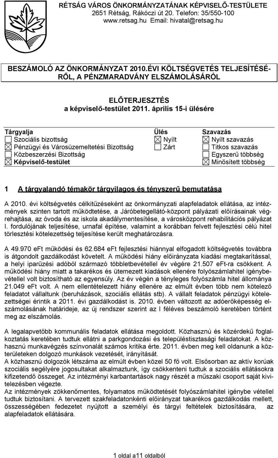 április 15-i ülésére Tárgyalja Ülés Szavazás Szociális bizottság Nyílt Nyílt szavazás Pénzügyi és Városüzemeltetési Bizottság Zárt Titkos szavazás Közbeszerzési Bizottság Egyszerű többség