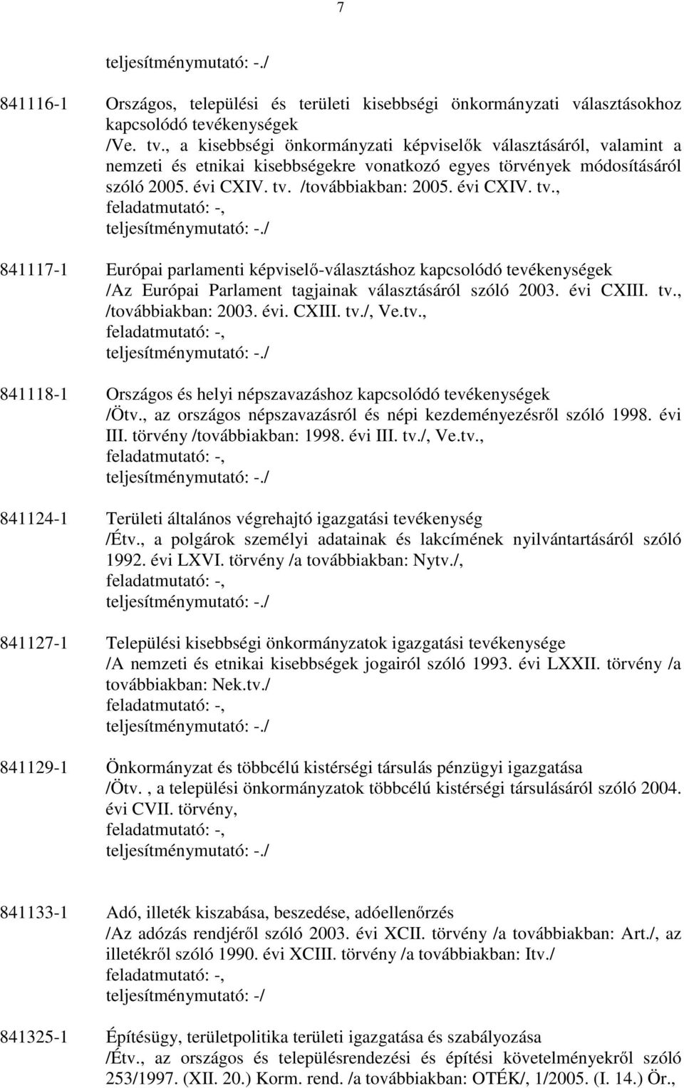 /továbbiakban: 2005. évi CXIV. tv., feladatmutató: -, teljesítménymutató: -.