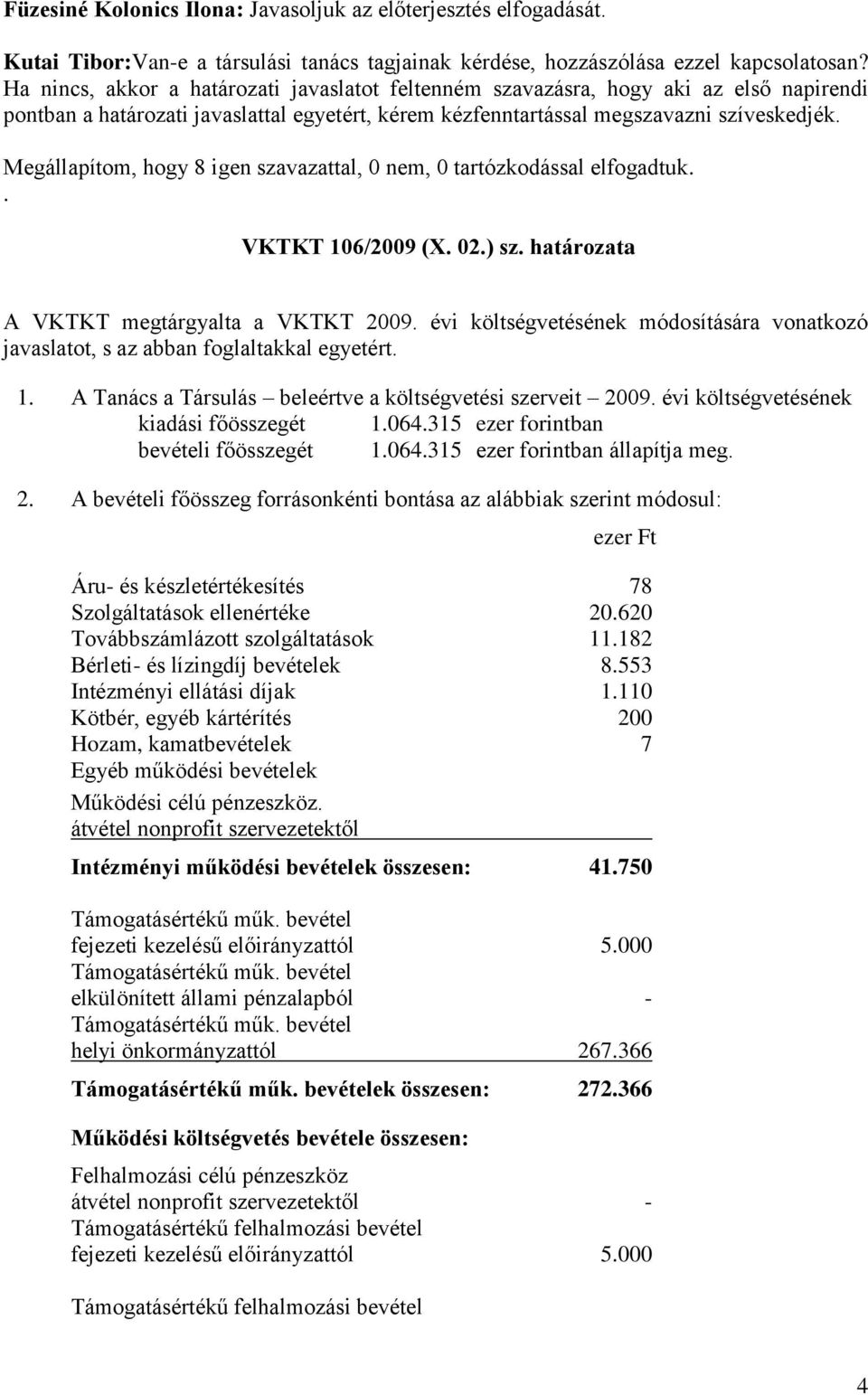 Megállapítom, hogy 8 igen szavazattal, 0 nem, 0 tartózkodással elfogadtuk.. VKTKT 106/2009 (X. 02.) sz. határozata A VKTKT megtárgyalta a VKTKT 2009.