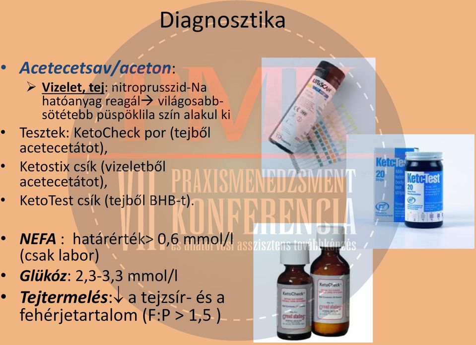 Ketostix csík (vizeletből acetecetátot), KetoTest csík (tejből BHB-t).