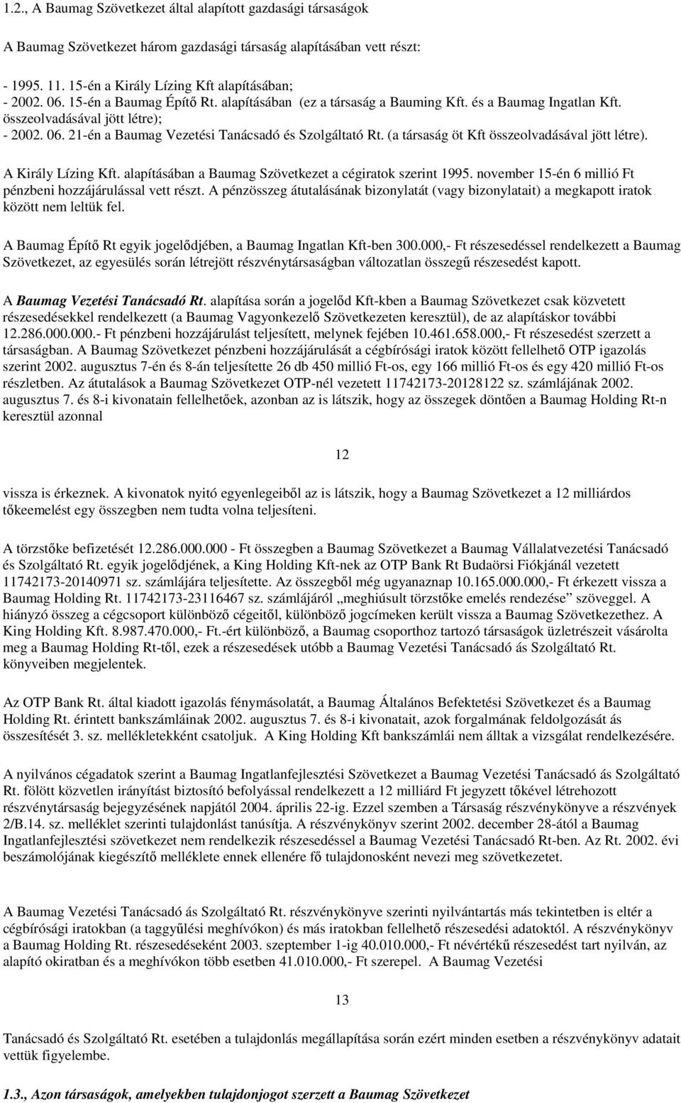 (a társaság öt Kft összeolvadásával jött létre). A Király Lízing Kft. alapításában a Baumag Szövetkezet a cégiratok szerint 1995. november 15-én 6 millió Ft pénzbeni hozzájárulással vett részt.