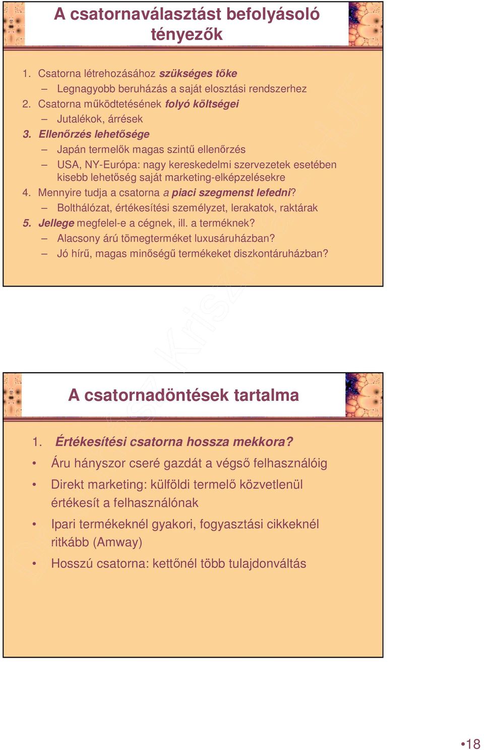 Mennyire tudja a csatorna a piaci szegmenst lefedni? Bolthálózat, értékesítési személyzet, lerakatok, raktárak 5. Jellege megfelel-e a cégnek, ill. a terméknek?