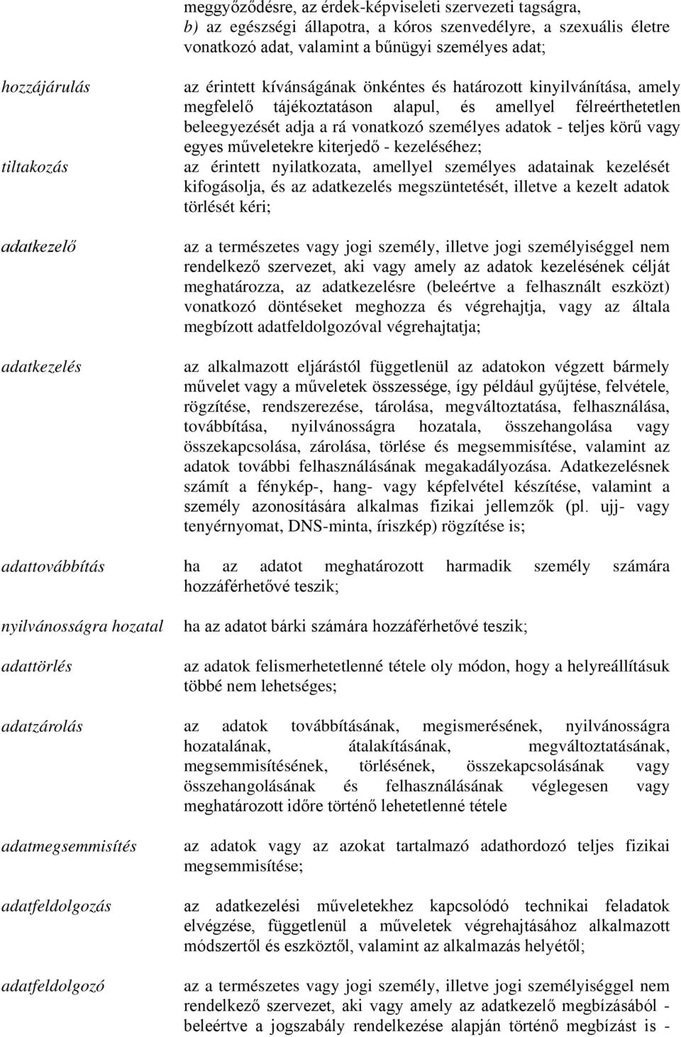 adatok - teljes körű vagy egyes műveletekre kiterjedő - kezeléséhez; az érintett nyilatkozata, amellyel személyes adatainak kezelését kifogásolja, és az adatkezelés megszüntetését, illetve a kezelt