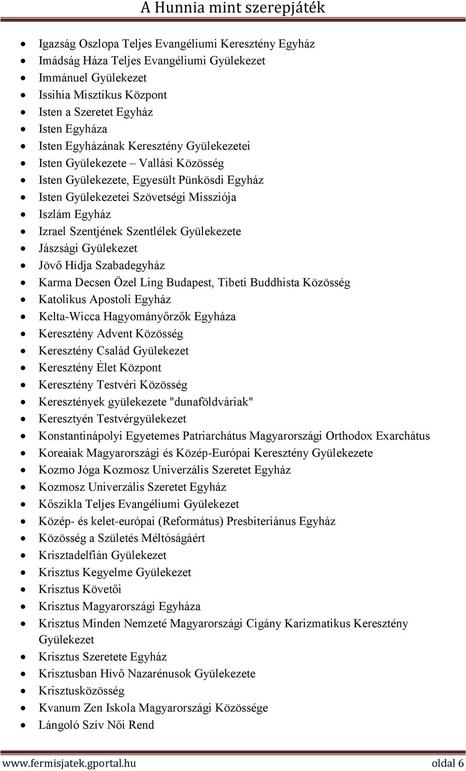 Jászsági Gyülekezet Jövő Hídja Szabadegyház Karma Decsen Özel Ling Budapest, Tibeti Buddhista Közösség Katolikus Apostoli Egyház Kelta-Wicca Hagyományőrzők Egyháza Keresztény Advent Közösség