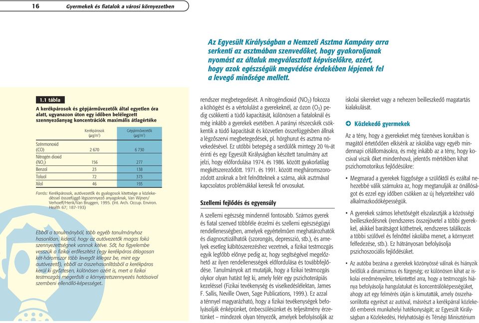 1 tábla A kerékpárosok és gépjármûvezetõk által egyetlen óra alatt, ugyanazon úton egy idõben belélegzett szennyezõanyag koncentrációk maximális átlagértéke Kerékpárosok Gépjármûvezetõk (µg/m 3 )