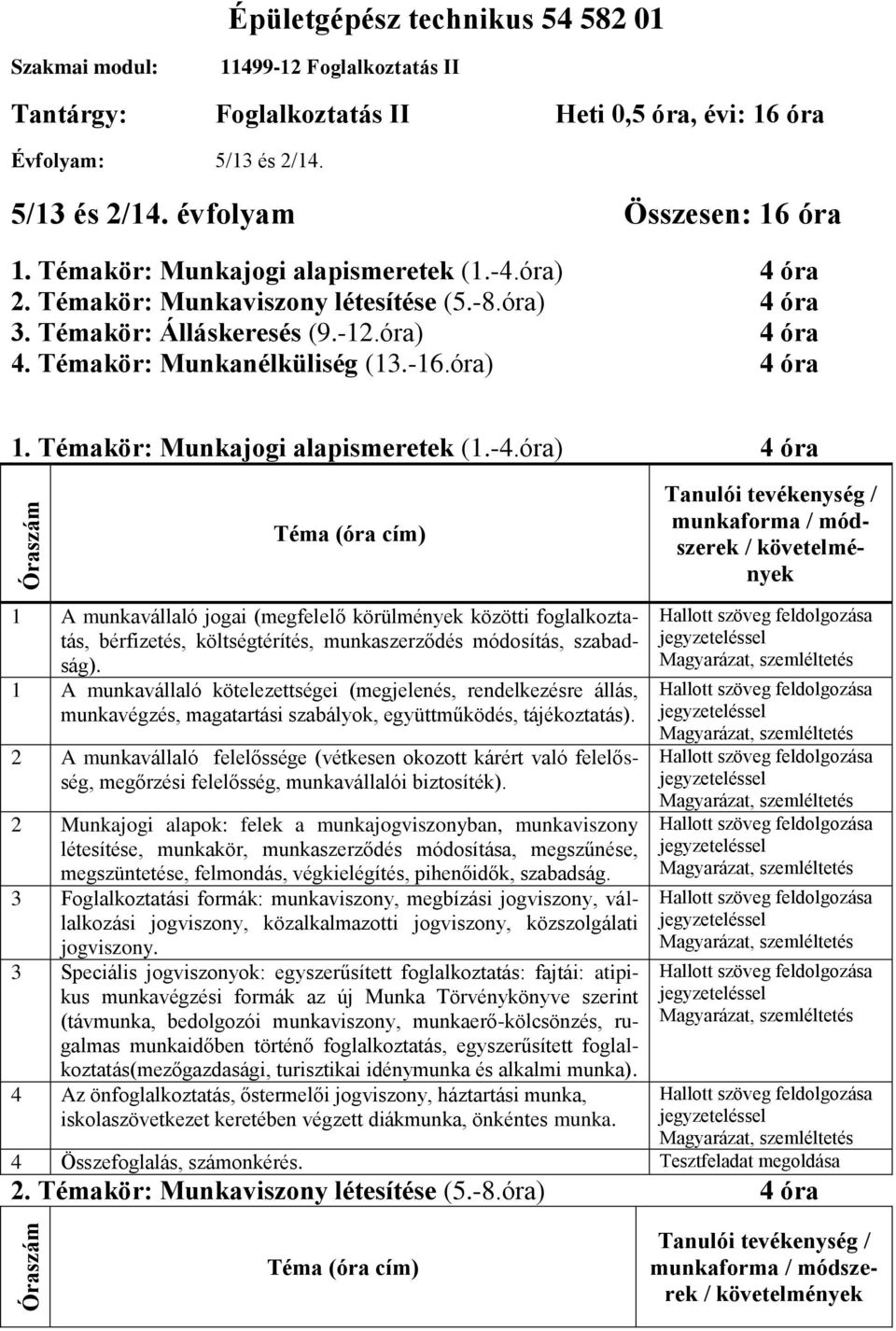 Témakör: Munkajogi alapismeretek (1.-4.