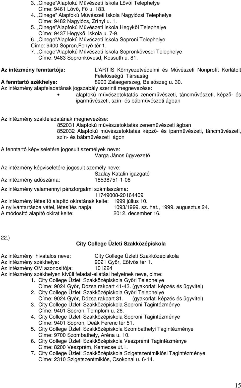 81. Az intézmény fenntartója: L ARTIS Környezetvédelmi és Művészeti Nonprofit Korlátolt Felelősségű Társaság A fenntartó székhelye: 8900 Zalaegerszeg, Belsőszeg u. 30.