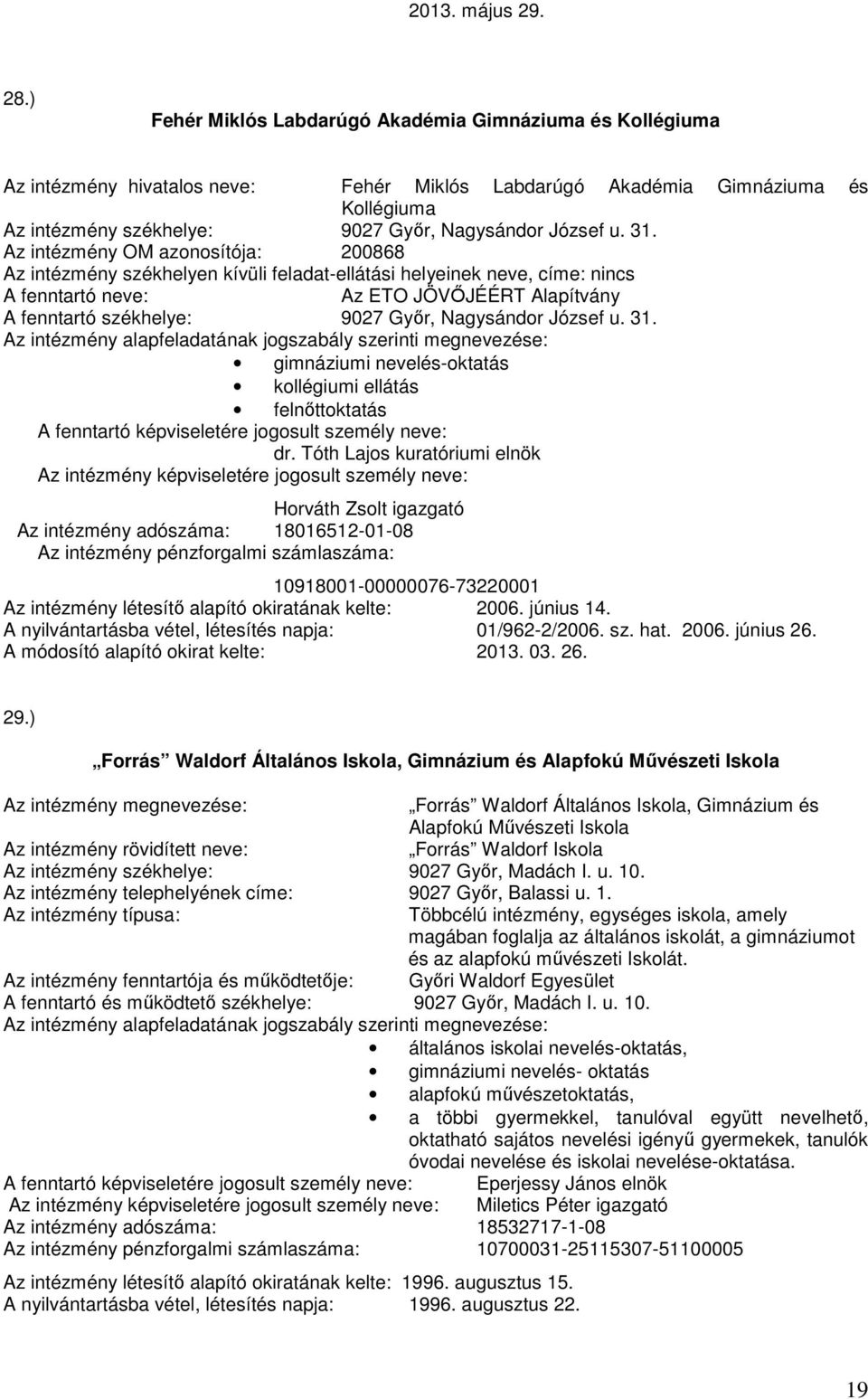 31. Az intézmény OM azonosítója: 200868 Az intézmény székhelyen kívüli feladat-ellátási helyeinek neve, címe: nincs A fenntartó neve: Az ETO JÖVŐJÉÉRT Alapítvány A fenntartó székhelye: 9027 Győr,