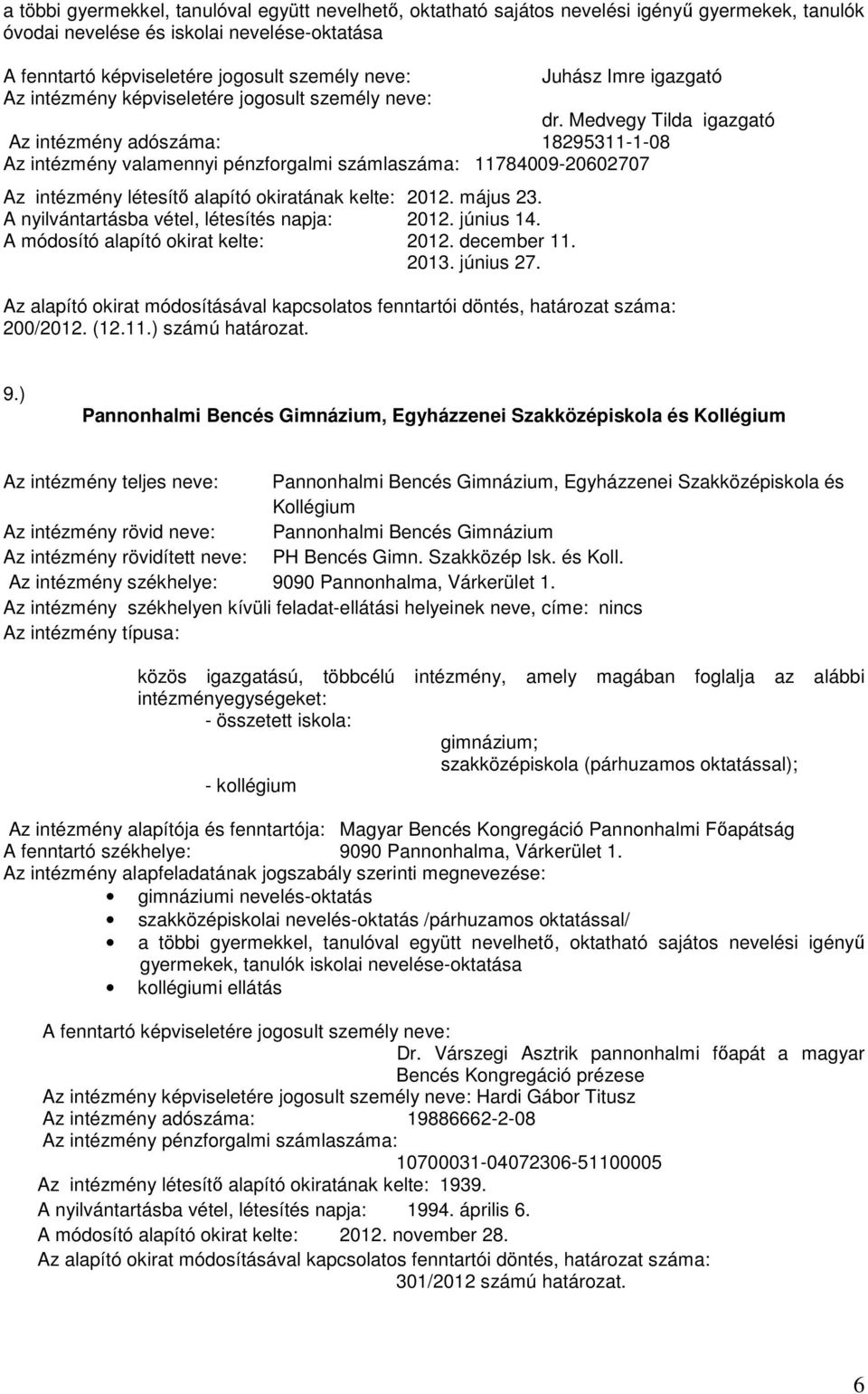 A nyilvántartásba vétel, létesítés napja: 2012. június 14. A módosító alapító okirat kelte: 2012. december 11. 2013. június 27.