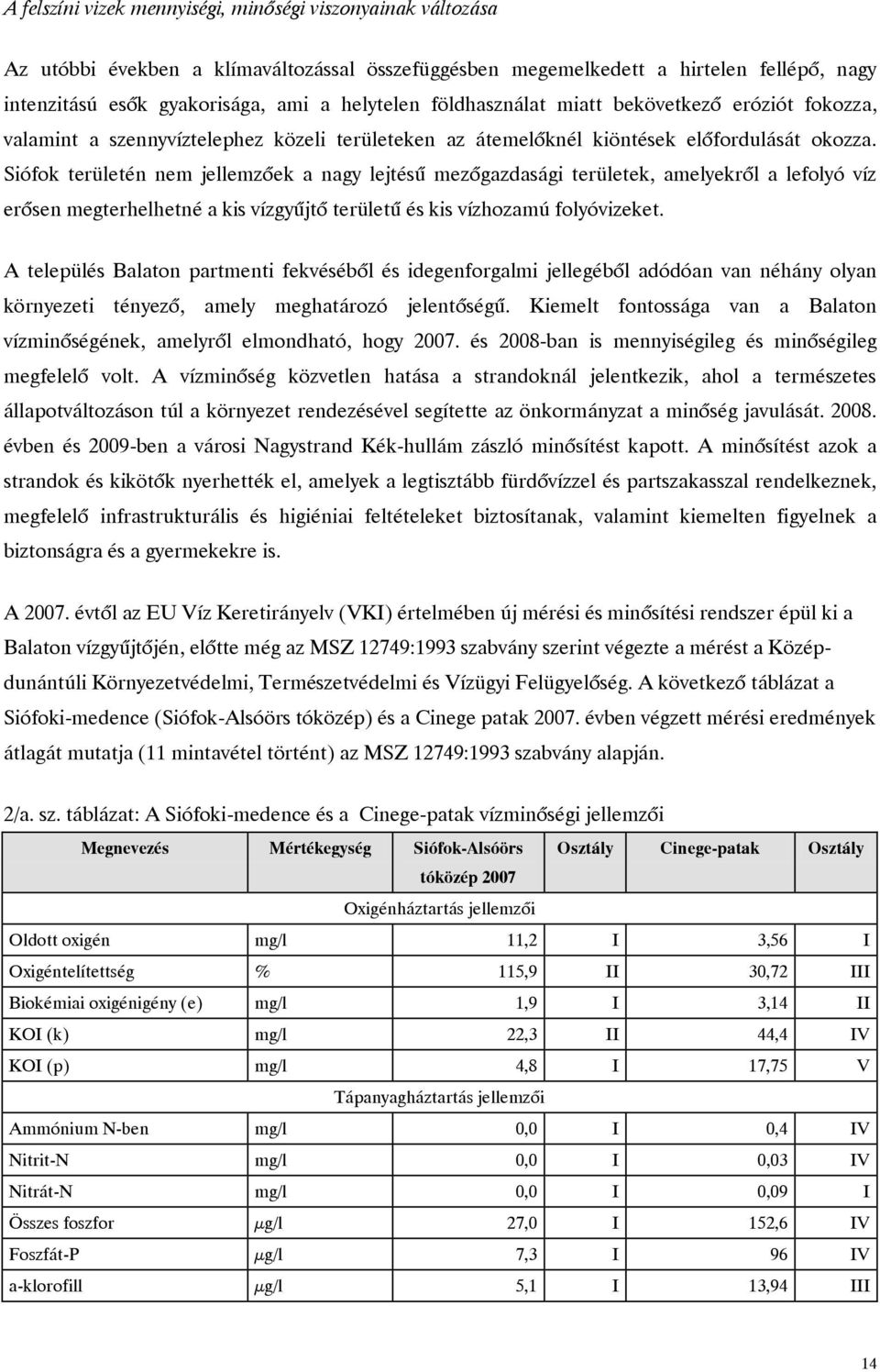 Siófok területén nem jellemzőek a nagy lejtésű mezőgazdasági területek, amelyekről a lefolyó víz erősen megterhelhetné a kis vízgyűjtő területű és kis vízhozamú folyóvizeket.