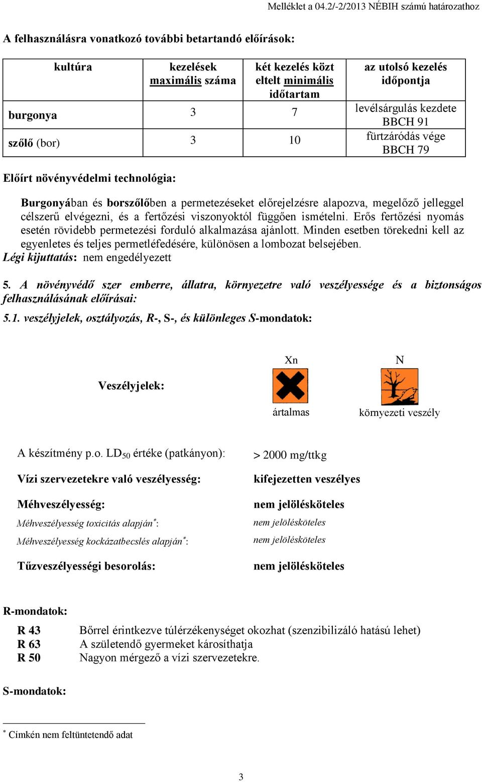 burgonya 3 7 levélsárgulás kezdete BBCH 91 szőlő (bor) 3 10 fürtzáródás vége BBCH 79 Előírt növényvédelmi technológia: Burgonyában és borszőlőben a permetezéseket előrejelzésre alapozva, megelőző