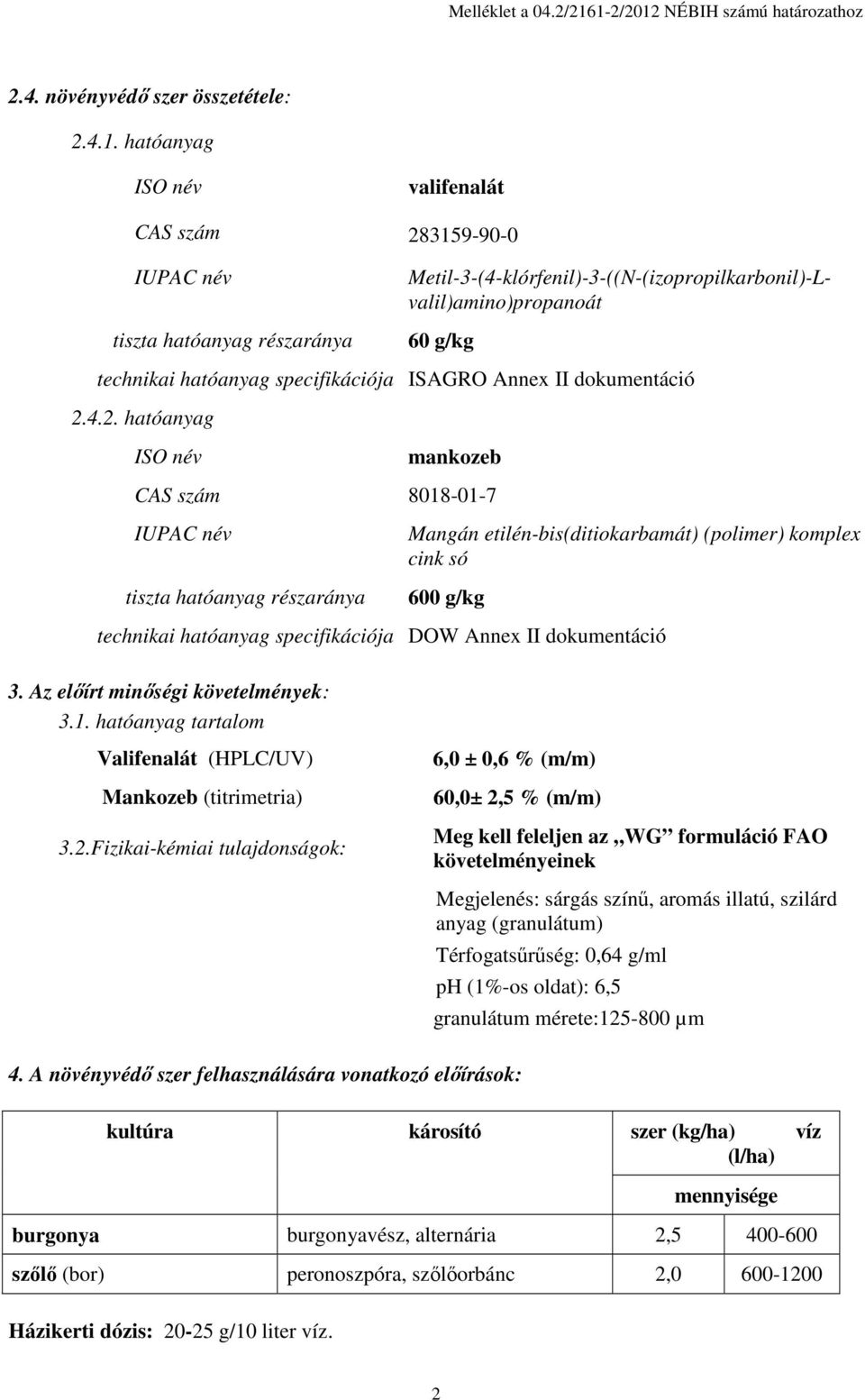 Metil-3-(4-klórfenil)-3-((N-(izopropilkarbonil)-Lvalil)amino)propanoát 60 g/kg technikai hatóanyag specifikációja ISAGRO Annex II dokumentáció 2.