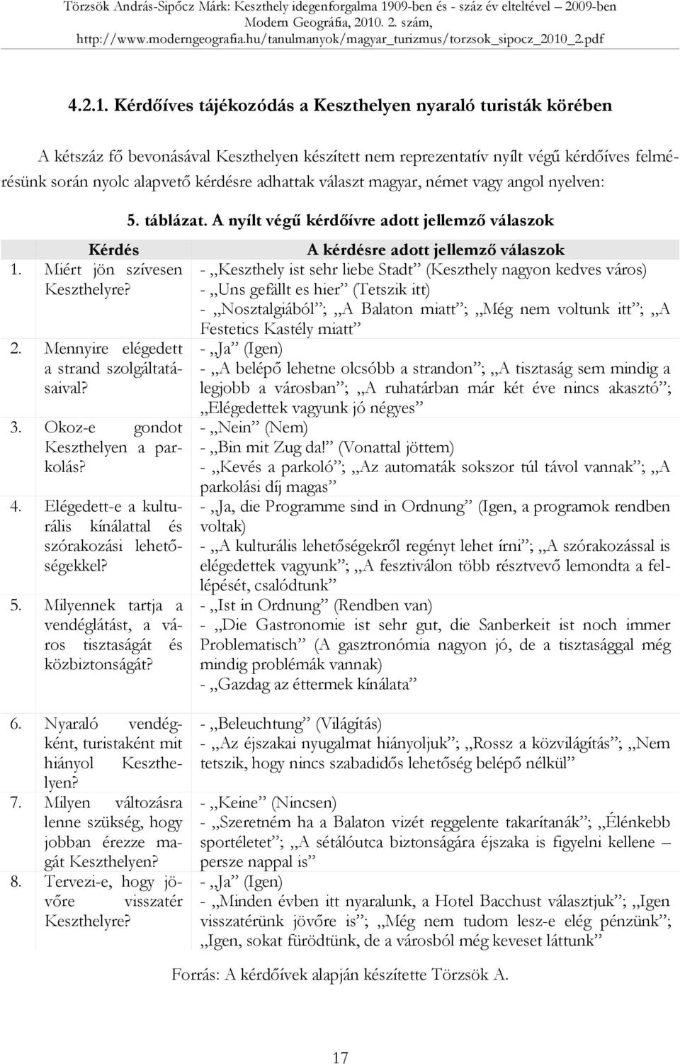 választ magyar, német vagy angol nyelven: Kérdés 1. Miért jön szívesen Keszthelyre? 2. Mennyire elégedett a strand szolgáltatásaival? 3. Okoz-e gondot Keszthelyen a parkolás? 4.