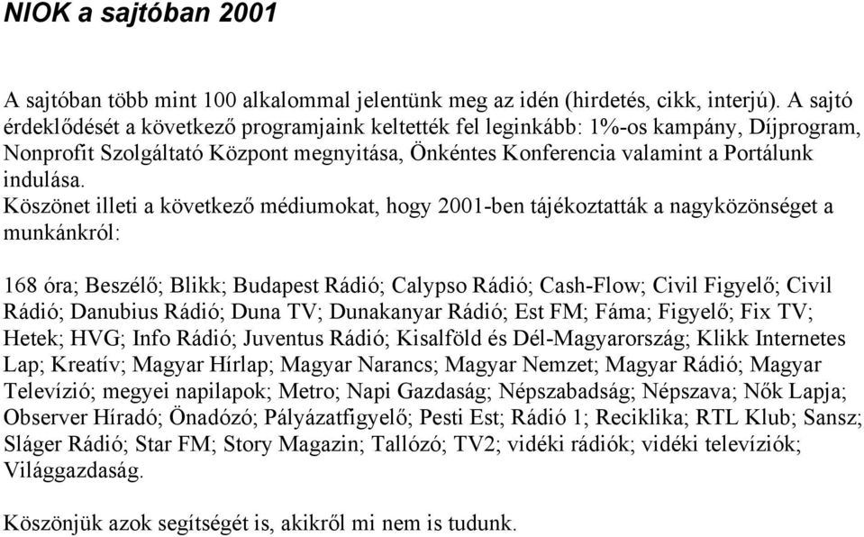 Köszönet illeti a következő médiumokat, hogy 2001-ben tájékoztatták a nagyközönséget a munkánkról: 168 óra; Beszélő; Blikk; Budapest Rádió; Calypso Rádió; Cash-Flow; Civil Figyelő; Civil Rádió;