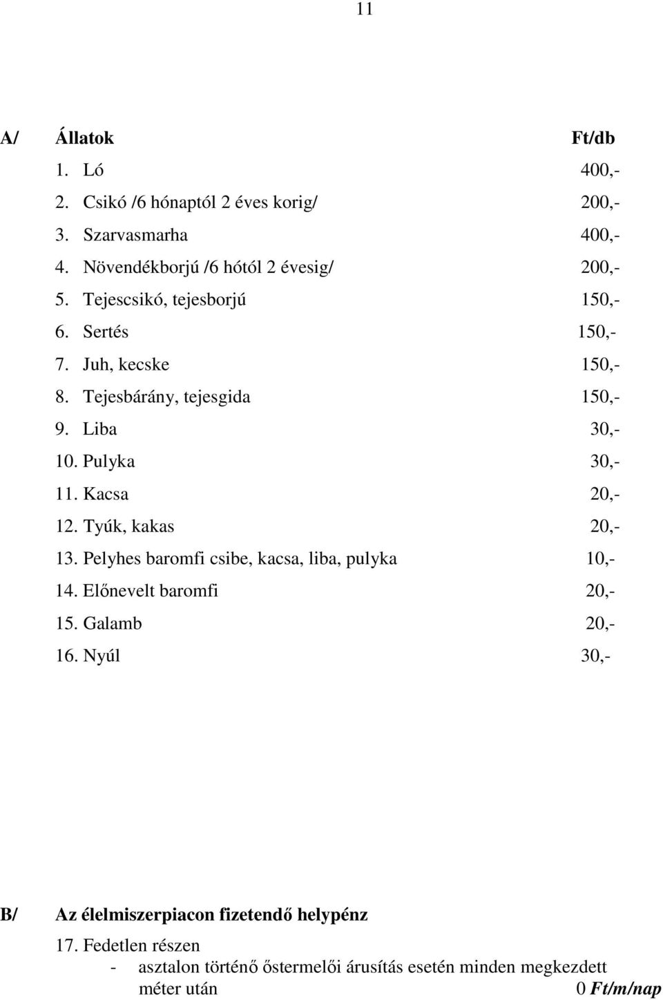 Kacsa 20,- 12. Tyúk, kakas 20,- 13. Pelyhes baromfi csibe, kacsa, liba, pulyka 10,- 14. Előnevelt baromfi 20,- 15. Galamb 20,- 16.