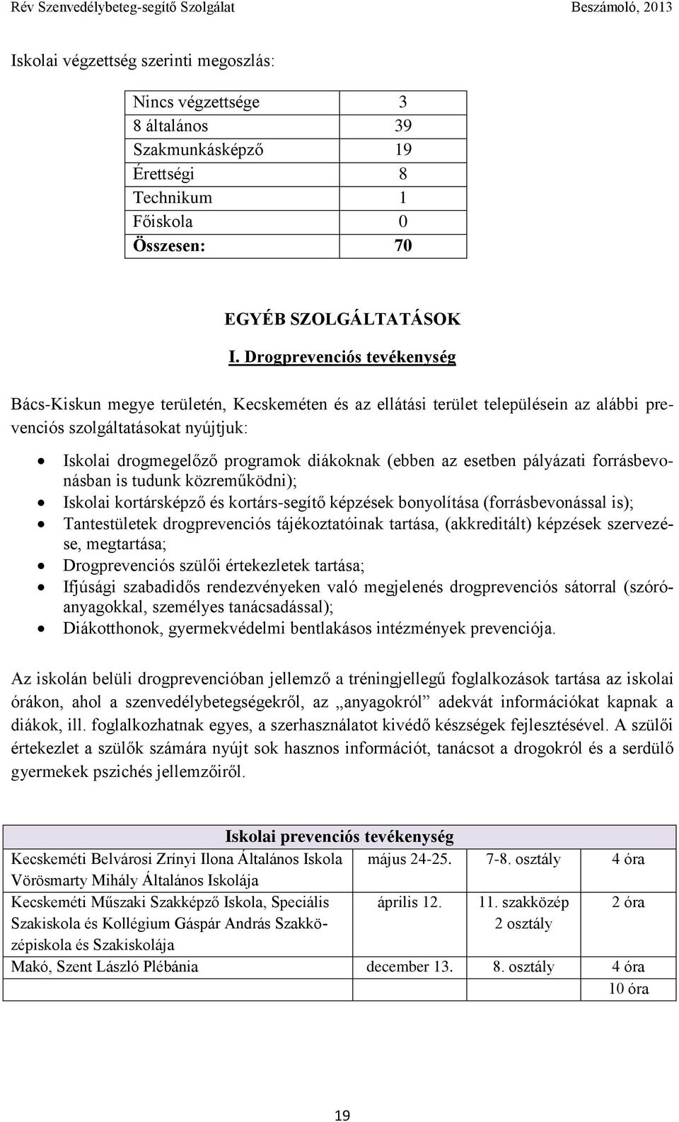 az esetben pályázati forrásbevonásban is tudunk közreműködni); Iskolai kortársképző és kortárs-segítő képzések bonyolítása (forrásbevonással is); Tantestületek drogprevenciós tájékoztatóinak tartása,