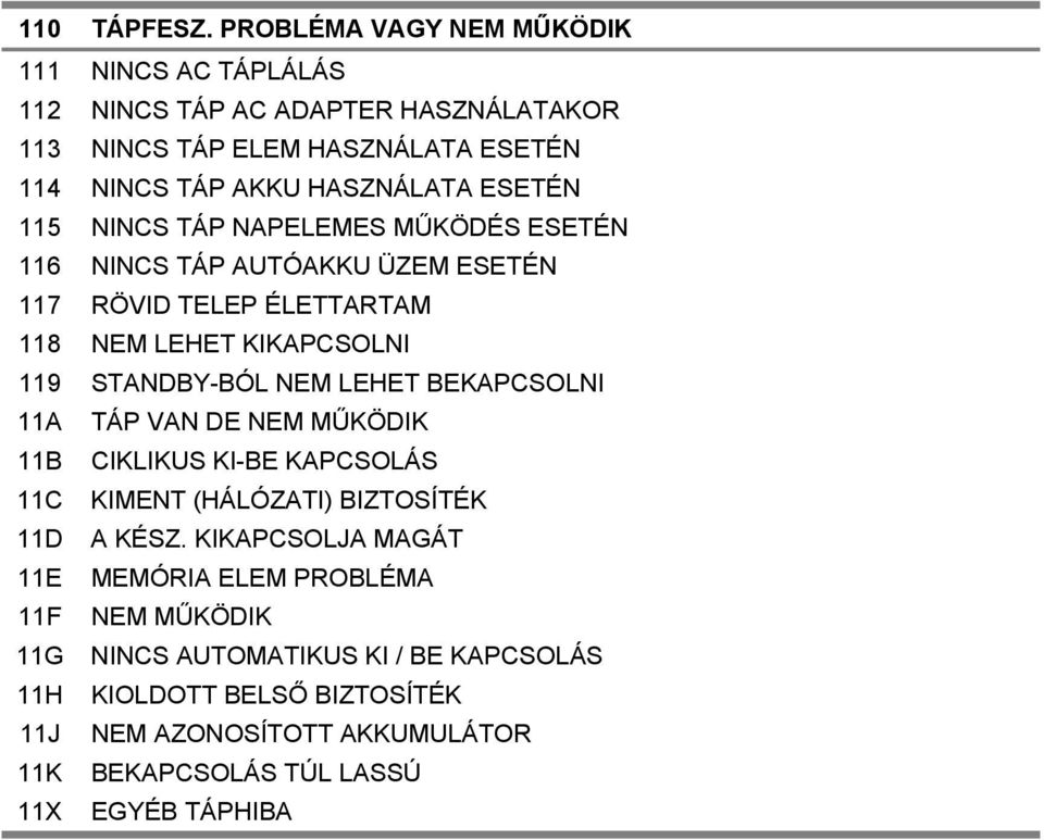 115 NINCS TÁP NAPELEMES MŰKÖDÉS ESETÉN 116 NINCS TÁP AUTÓAKKU ÜZEM ESETÉN 117 RÖVID TELEP ÉLETTARTAM 118 NEM LEHET KIKAPCSOLNI 119 STANDBY-BÓL NEM LEHET