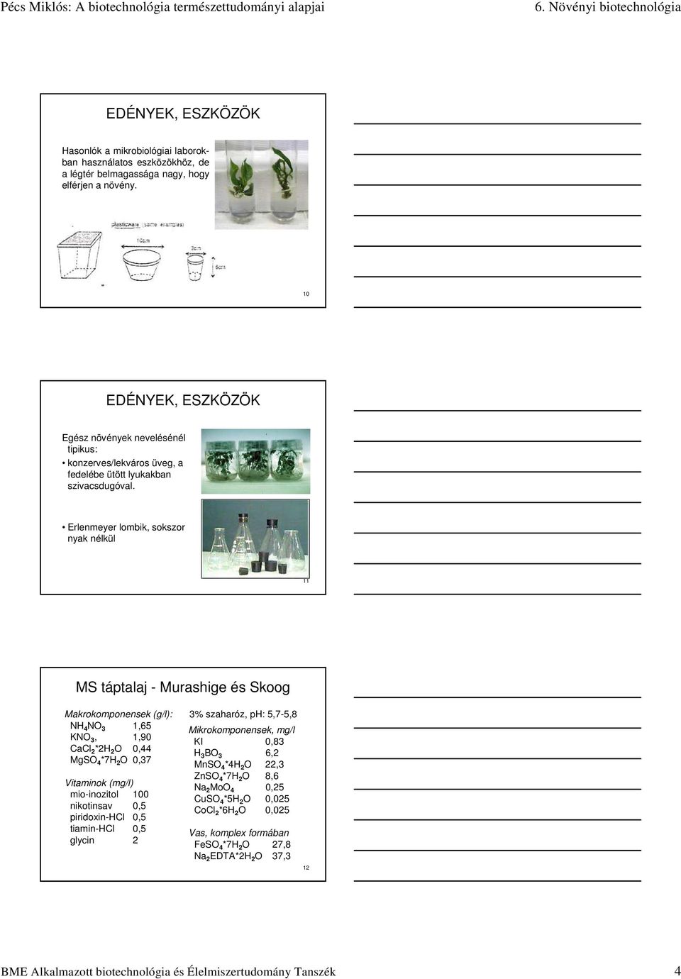 Erlenmeyer lombik, sokszor nyak nélkül 11 MS táptalaj - Murashige és Skoog Makrokomponensek (g/l): NH 4 NO 3 1,65 KNO 3, 1,90 CaCl 2 *2H 2 O 0,44 MgSO 4 *7H 2 O 0,37 Vitaminok (mg/l) mio-inozitol 100