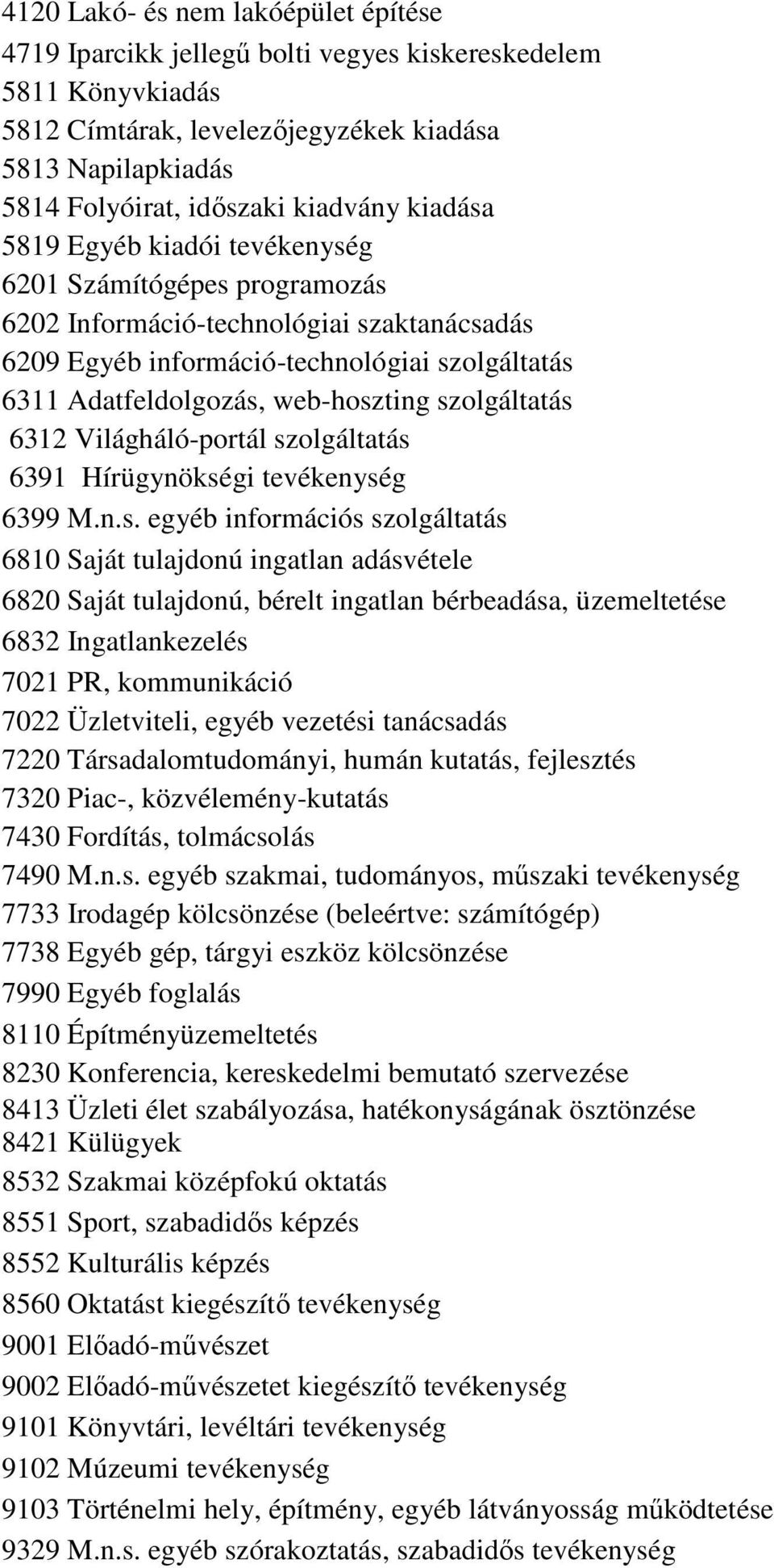 szolgáltatás 6312 Világháló-portál szolgáltatás 6391 Hírügynökségi tevékenység 6399 M.n.s. egyéb információs szolgáltatás 6810 Saját tulajdonú ingatlan adásvétele 6820 Saját tulajdonú, bérelt