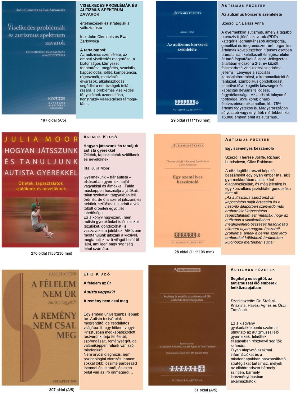 azonosítása, konstruktív viselkedéses támogatás 197 oldal (A/5) 29 oldal (111*196 mm) Az autizmus korszerű szemlélete Szerző: Dr.