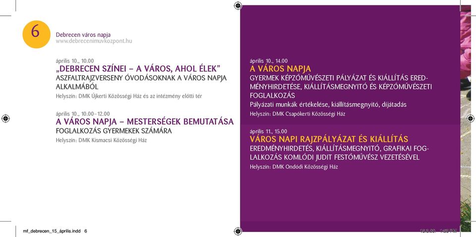 00 A VÁROS NAPJA MESTERSÉGEK BEMUTATÁSA foglalkozás gyermekek számára Helyszín: DMK Kismacsi Közösségi Ház április 10., 14.