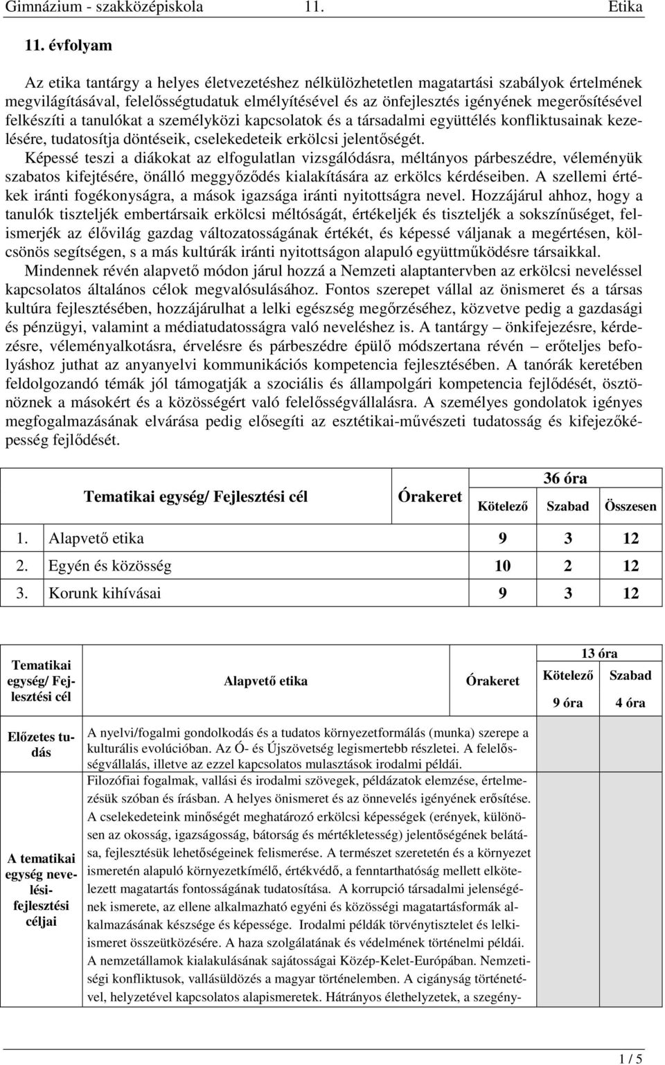 Képessé teszi a diákokat az elfogulatlan vizsgálódásra, méltányos párbeszédre, véleményük szabatos kifejtésére, önálló meggyőződés kialakítására az erkölcs kérdéseiben.