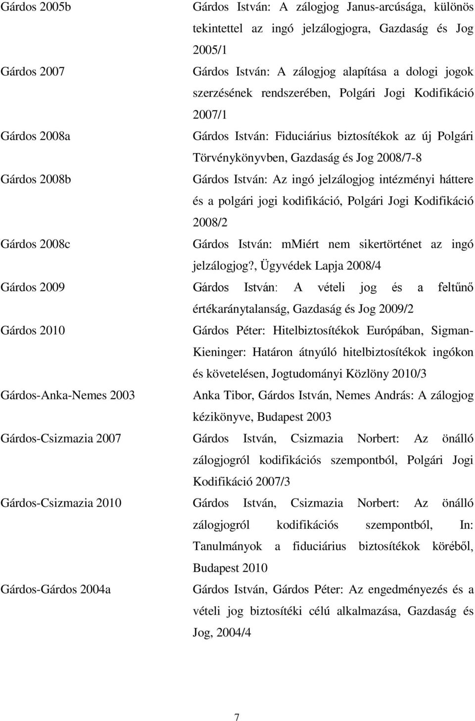 jelzálogjog intézményi háttere és a polgári jogi kodifikáció, Polgári Jogi Kodifikáció 2008/2 Gárdos 2008c Gárdos István: mmiért nem sikertörténet az ingó jelzálogjog?