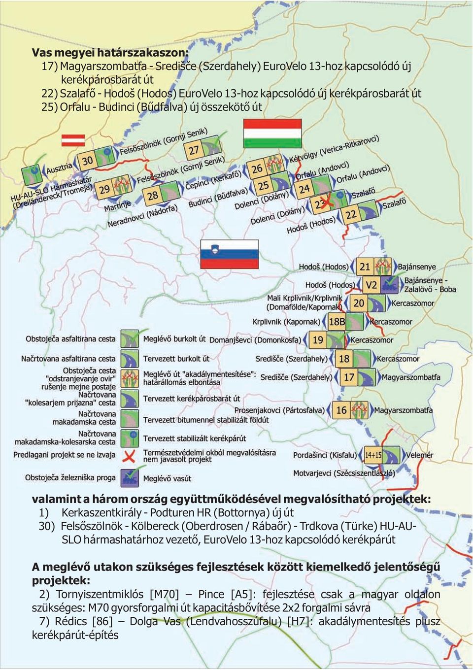 (Oberdrosen / Rábaőr) - Trdkova (Türke) HU-AU- SLO hármashatárhoz vezető, EuroVelo 13-hoz kapcsolódó kerékpárút A meglévő utakon szükséges fejlesztések között kiemelkedő jelentőségű projektek: 2)