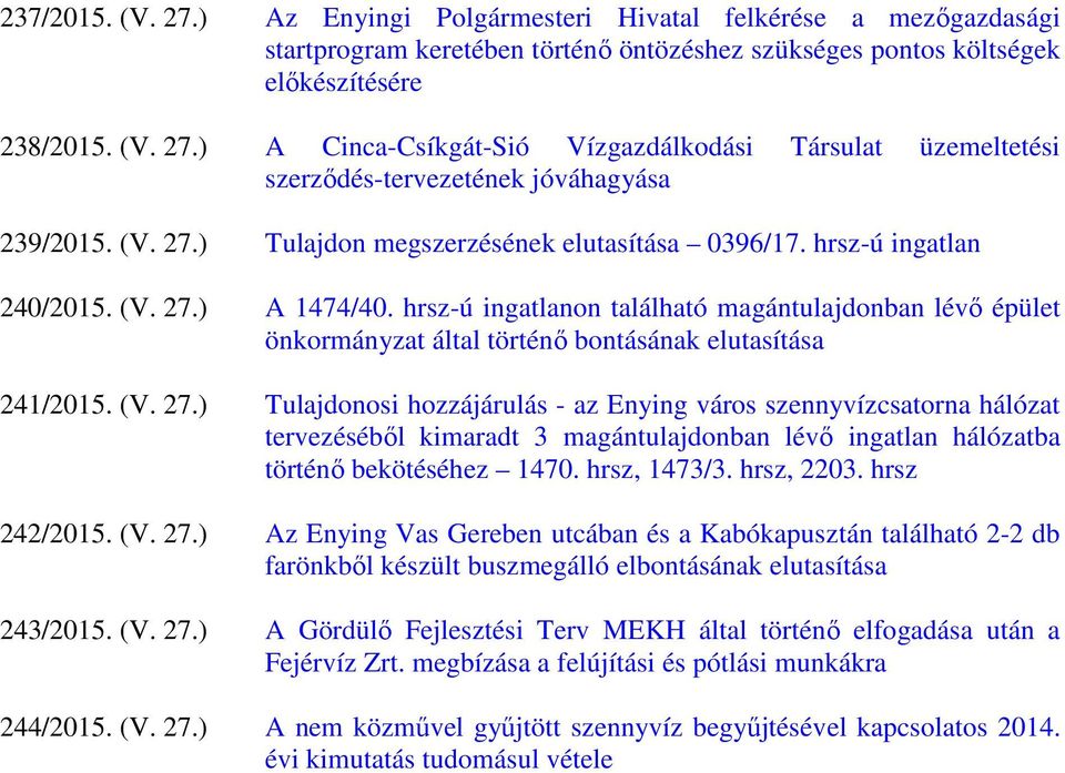 hrsz-ú ingatlanon található magántulajdonban lévő épület önkormányzat által történő bontásának elutasítása 241/2015. (V. 27.