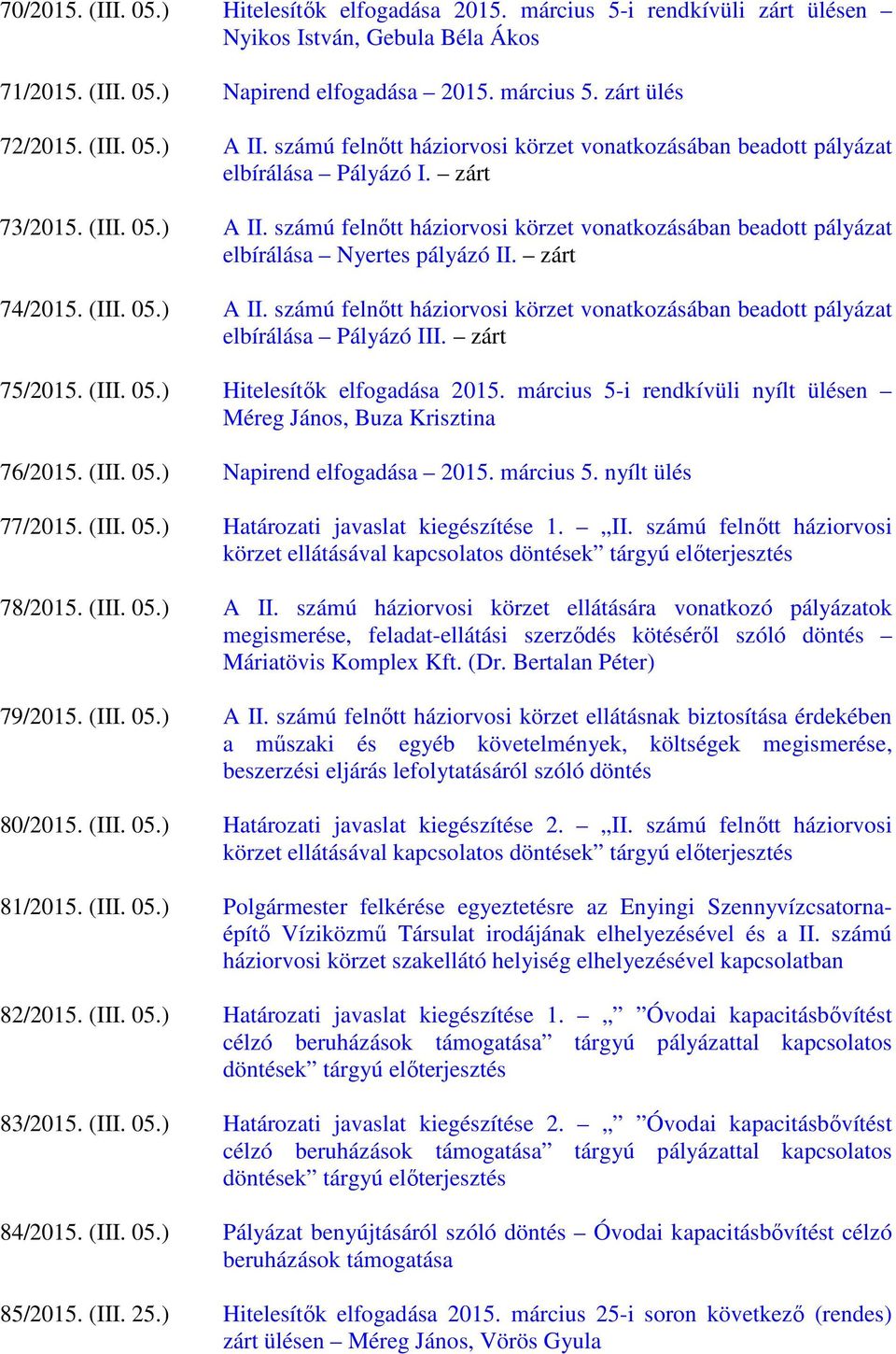 számú felnőtt háziorvosi körzet vonatkozásában beadott pályázat elbírálása Nyertes pályázó II. zárt 74/2015. (III. 05.) A II.