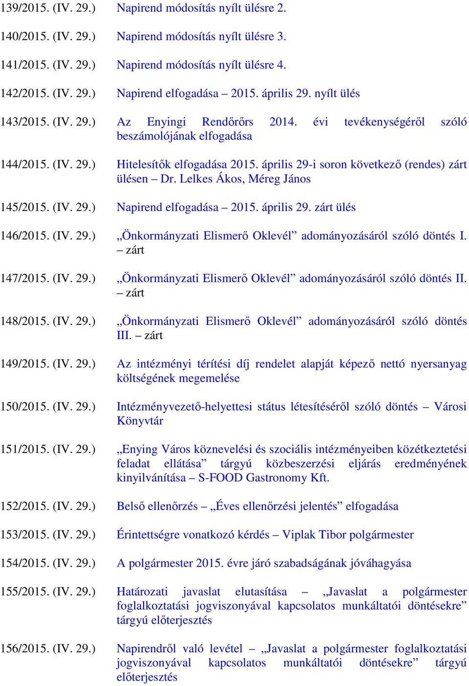 április 29-i soron következő (rendes) zárt ülésen Dr. Lelkes Ákos, Méreg János 145/2015. (IV. 29.) Napirend elfogadása 2015. április 29. zárt ülés 146/2015. (IV. 29.) Önkormányzati Elismerő Oklevél adományozásáról szóló döntés I.