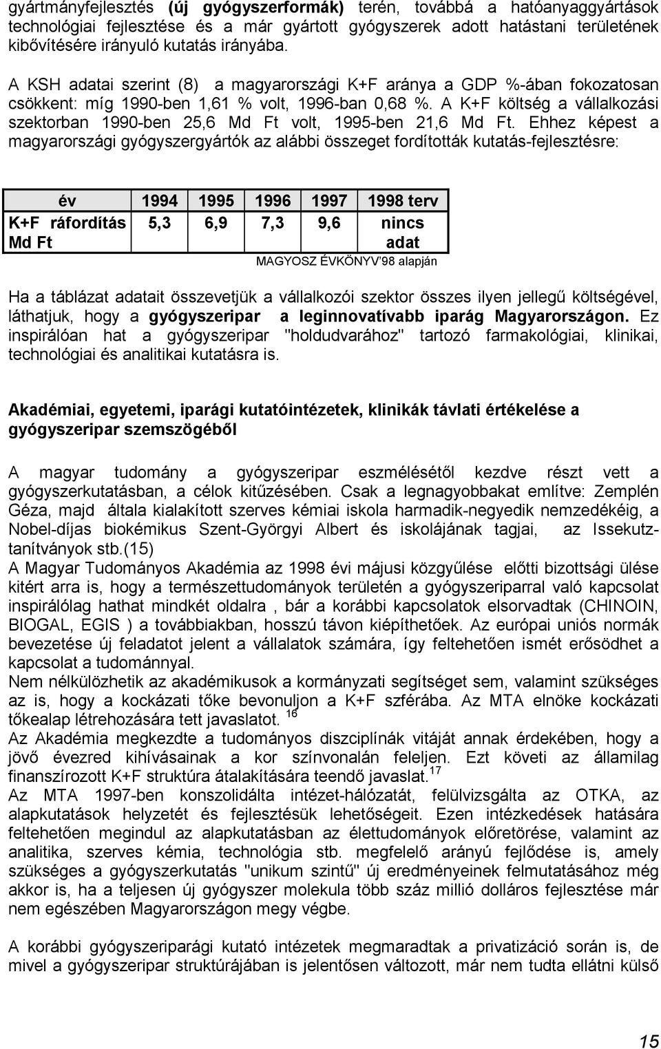 A K+F költség a vállalkozási szektorban 1990-ben 25,6 Md Ft volt, 1995-ben 21,6 Md Ft.