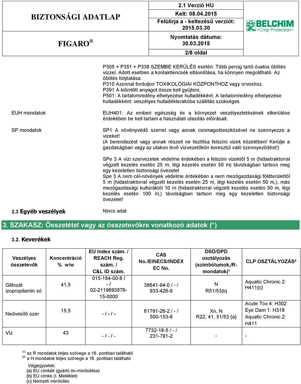 P501: A tartalom/edény elhelyezése hulladékként: A tartalom/edény elhelyezése hulladékként: veszélyes hulladéklerakóba szállítás szükséges EUH mondatok SP mondatok EUH401: Az emberi egészség és a