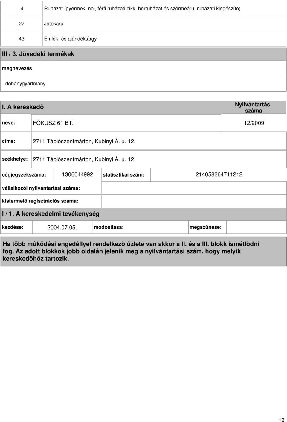 12/2009 címe: 2711 Tápiószentmárton, Kubinyi Á. u. 12.