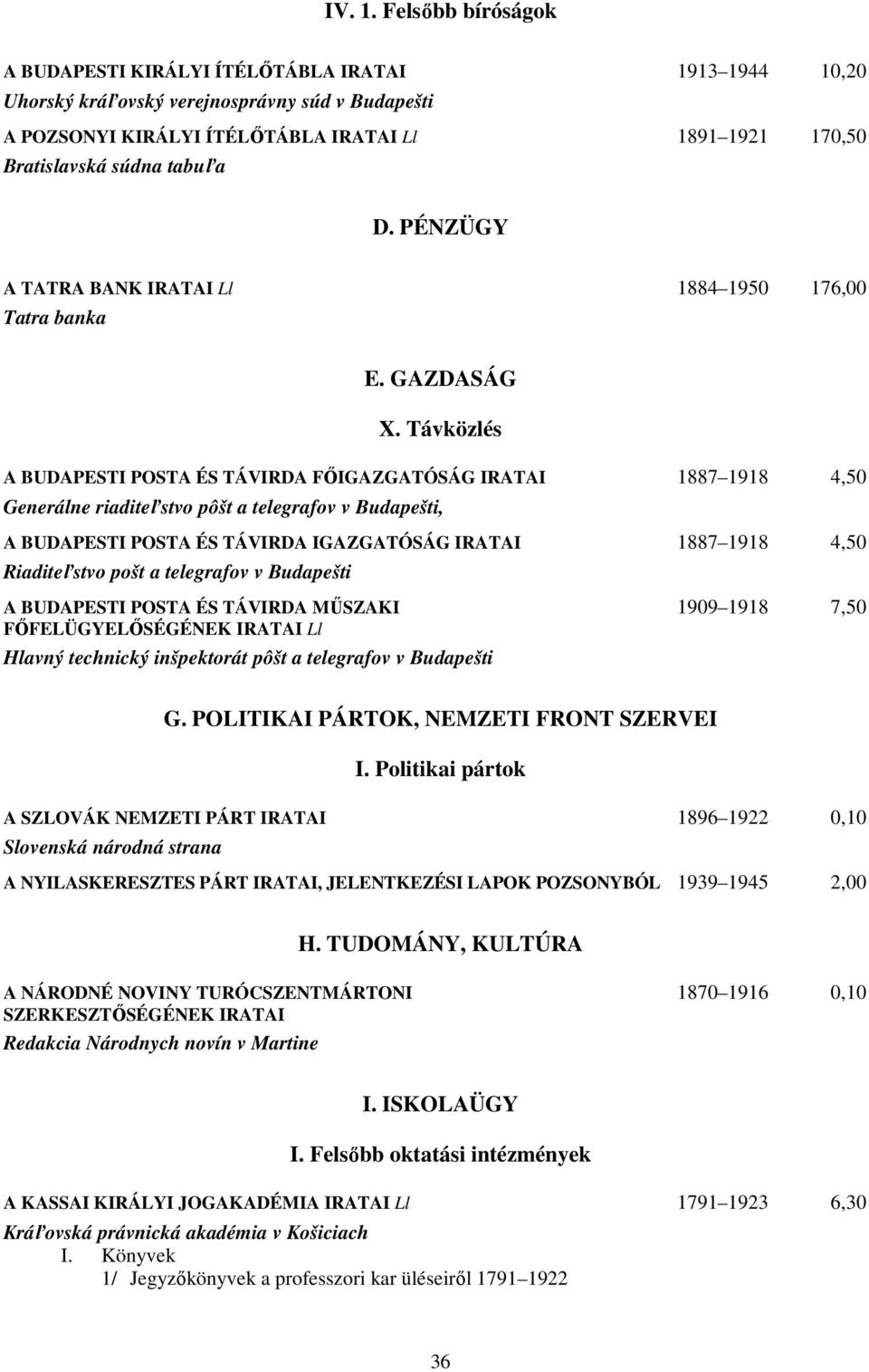 tabuľa D. PÉNZÜGY A TATRA BANK IRATAI Ll 1884 1950 176,00 Tatra banka E. GAZDASÁG X.