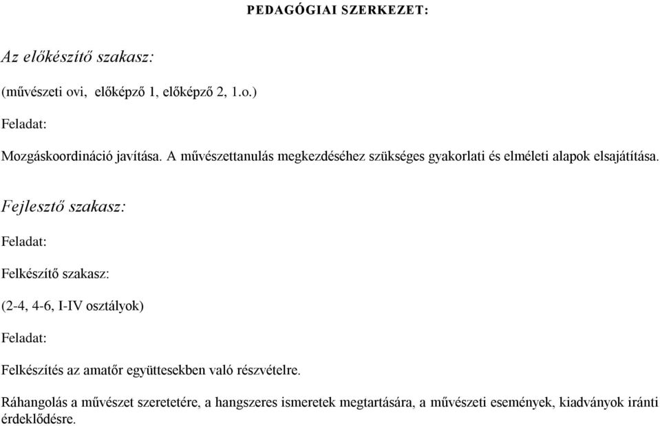 Fejlesztő szakasz: Feladat: Felkészítő szakasz: (2-4, 4-6, I-IV osztályok) Feladat: Felkészítés az amatőr együttesekben