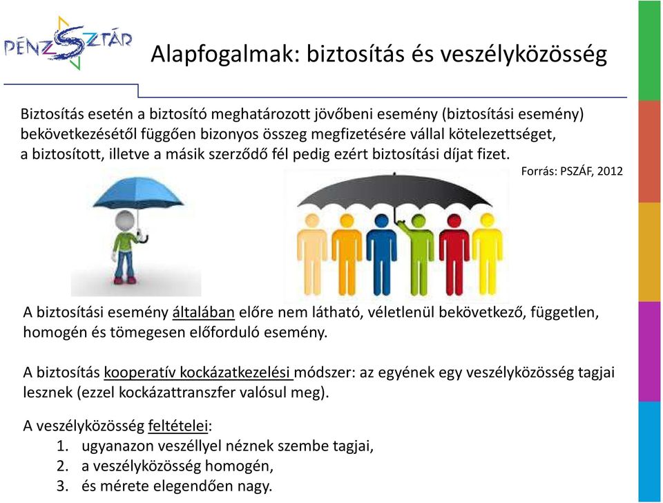 Forrás: PSZÁF, 2012 A biztosítási esemény általában előre nem látható, véletlenül bekövetkező, független, homogén és tömegesen előforduló esemény.