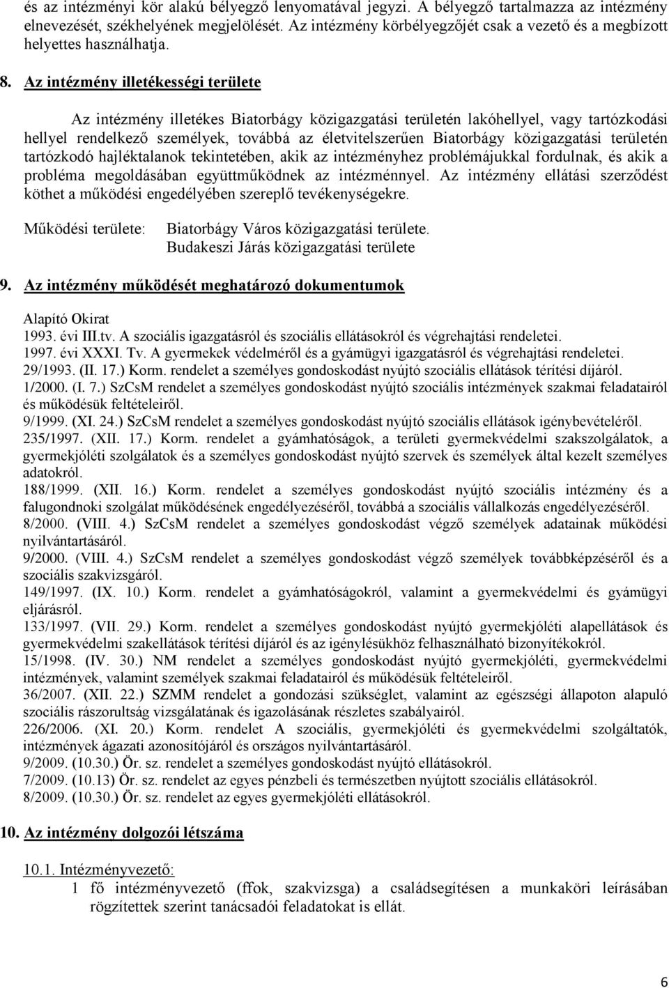 Az intézmény illetékességi területe Az intézmény illetékes Biatorbágy közigazgatási területén lakóhellyel, vagy tartózkodási hellyel rendelkező személyek, továbbá az életvitelszerűen Biatorbágy