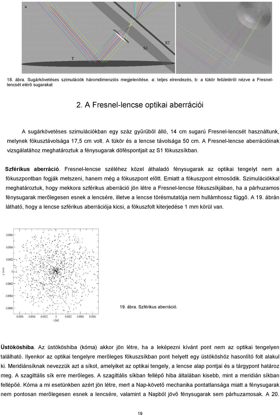 A tükör és a lencse távolsága 50 cm. A Fresnel-lencse aberrációinak vizsgálatához meghatároztuk a fénysugarak döféspontjait az S1 fókuszsíkban. Szférikus aberráció.