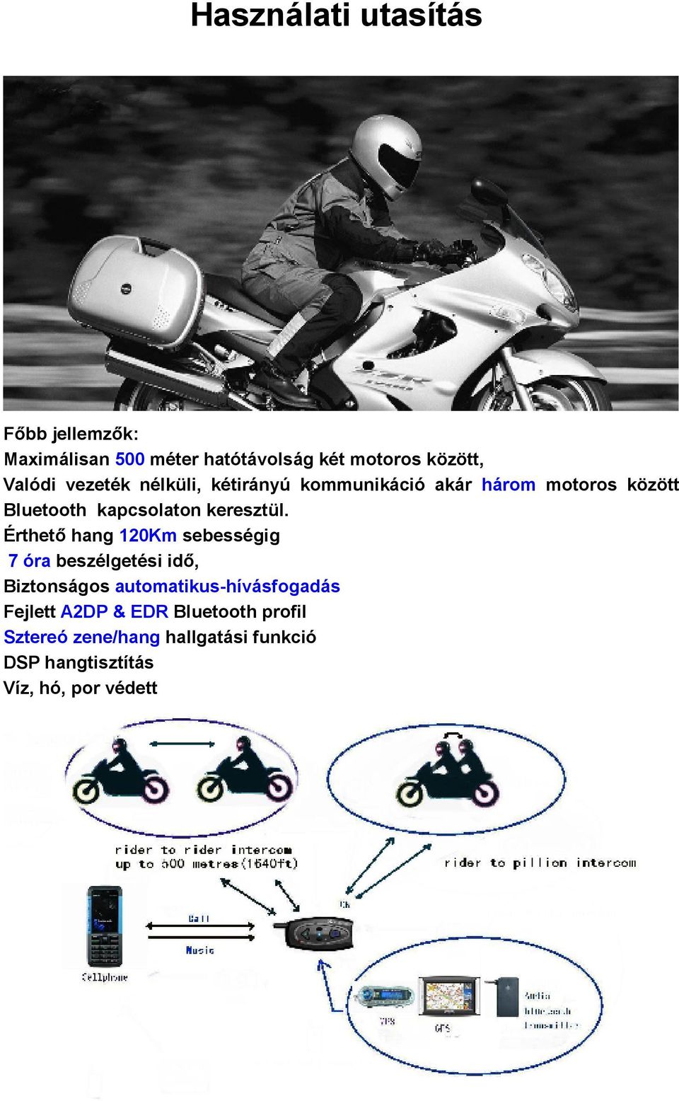 Érthető hang 120Km sebességig 7 óra beszélgetési idő, Biztonságos automatikus-hívásfogadás Fejlett