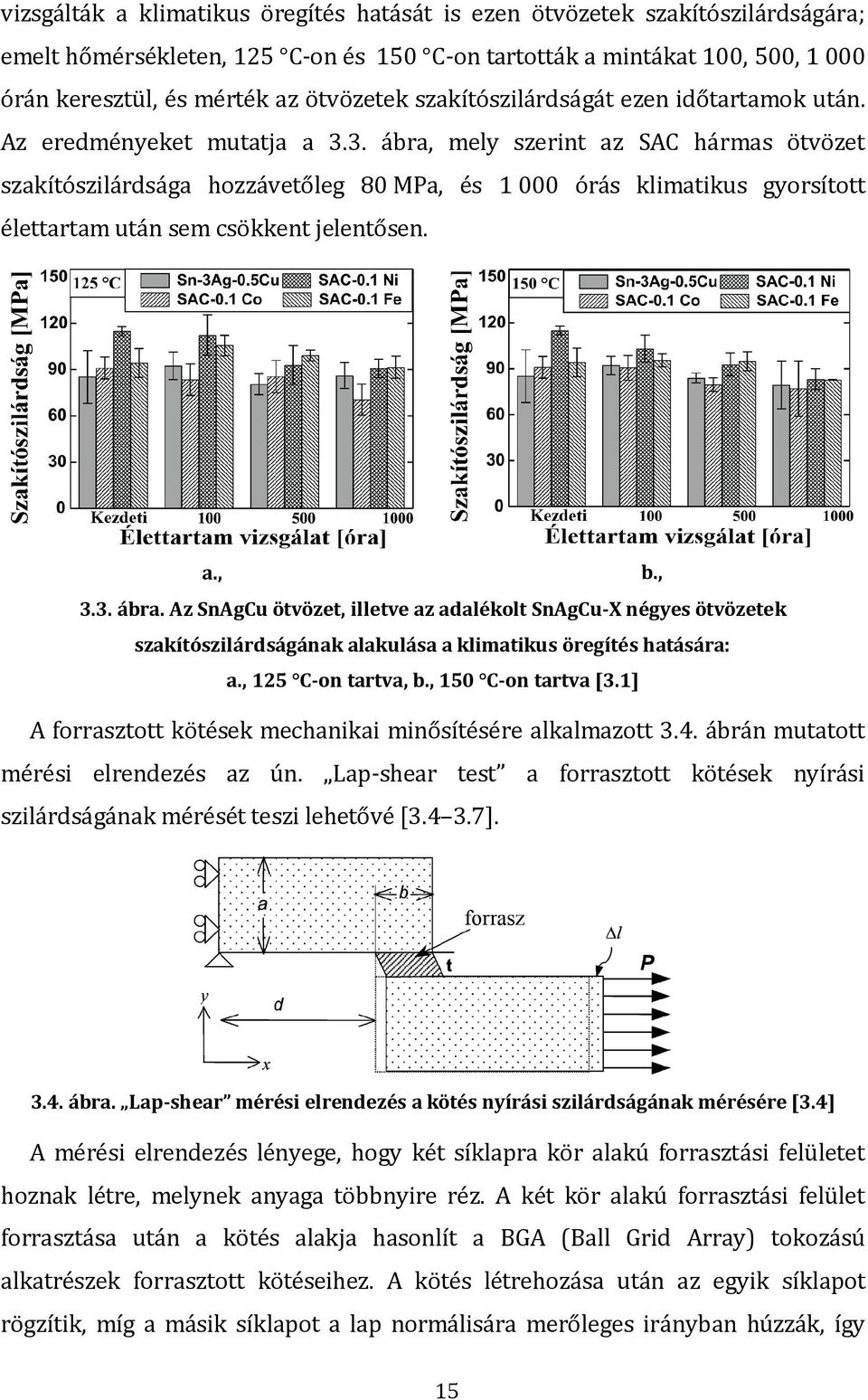 3. ábra, mely szerint az SAC hármas ötvözet szakítószilárdsága hozzávetőleg 80 MPa, és 1000 órás klimatikus gyorsított élettartam után sem csökkent jelentősen. a., b., 3.3. ábra. Az SnAgCu ötvözet, illetve az adalékolt SnAgCu-X négyes ötvözetek szakítószilárdságának alakulása a klimatikus öregítés hatására: a.
