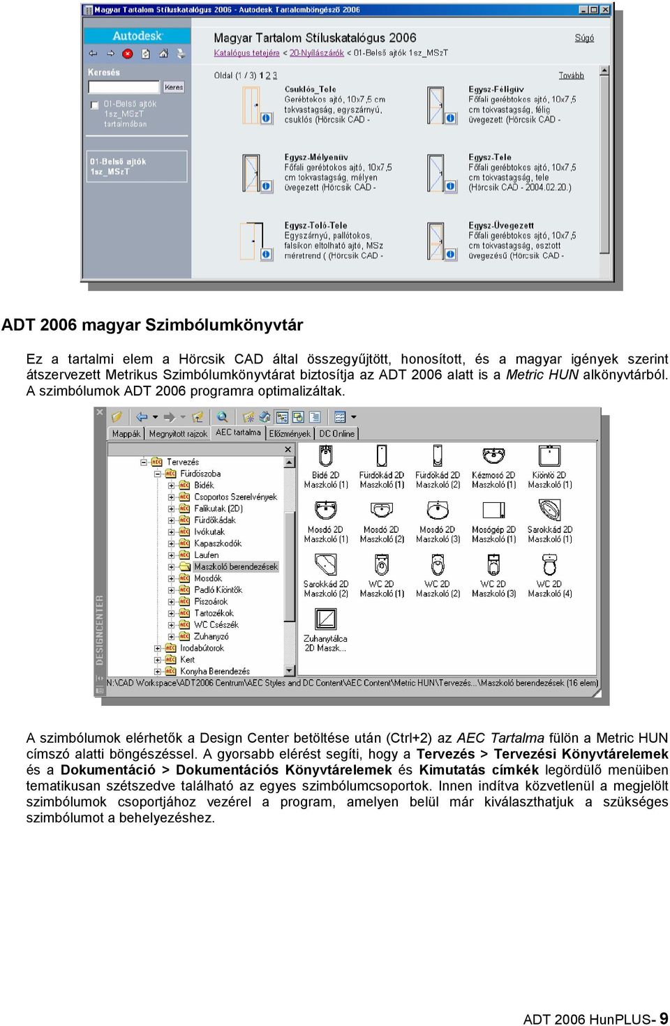 A szimbólumok elérhetbk a Design Center betöltése után (Ctrl+2) az AEC Tartalma fülön a Metric HUN címszó alatti böngészéssel.