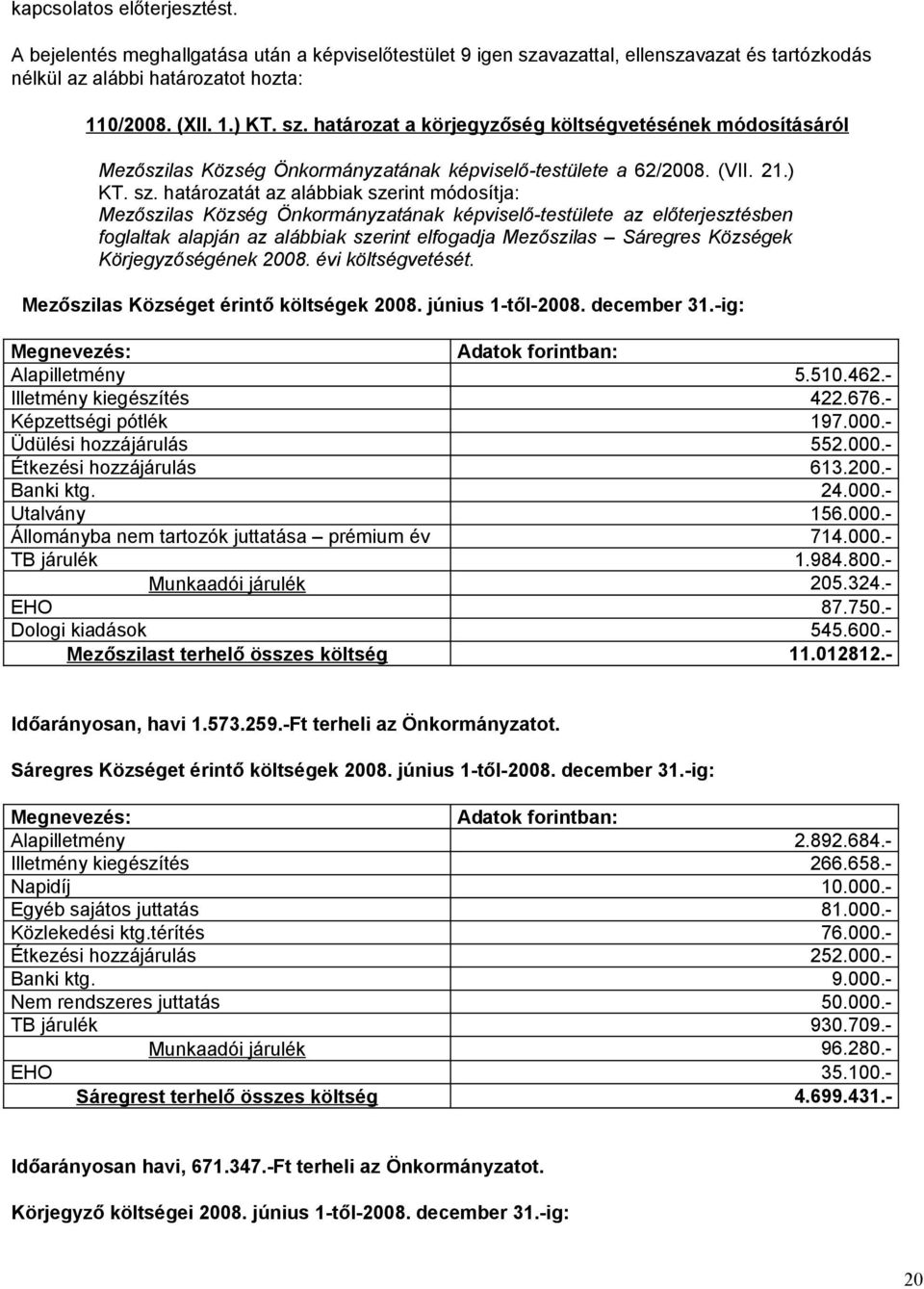 határozat a körjegyzőség költségvetésének módosításáról Mezőszilas Község Önkormányzatának képviselő-testülete a 62/2008. (VII. 21.) KT. sz.