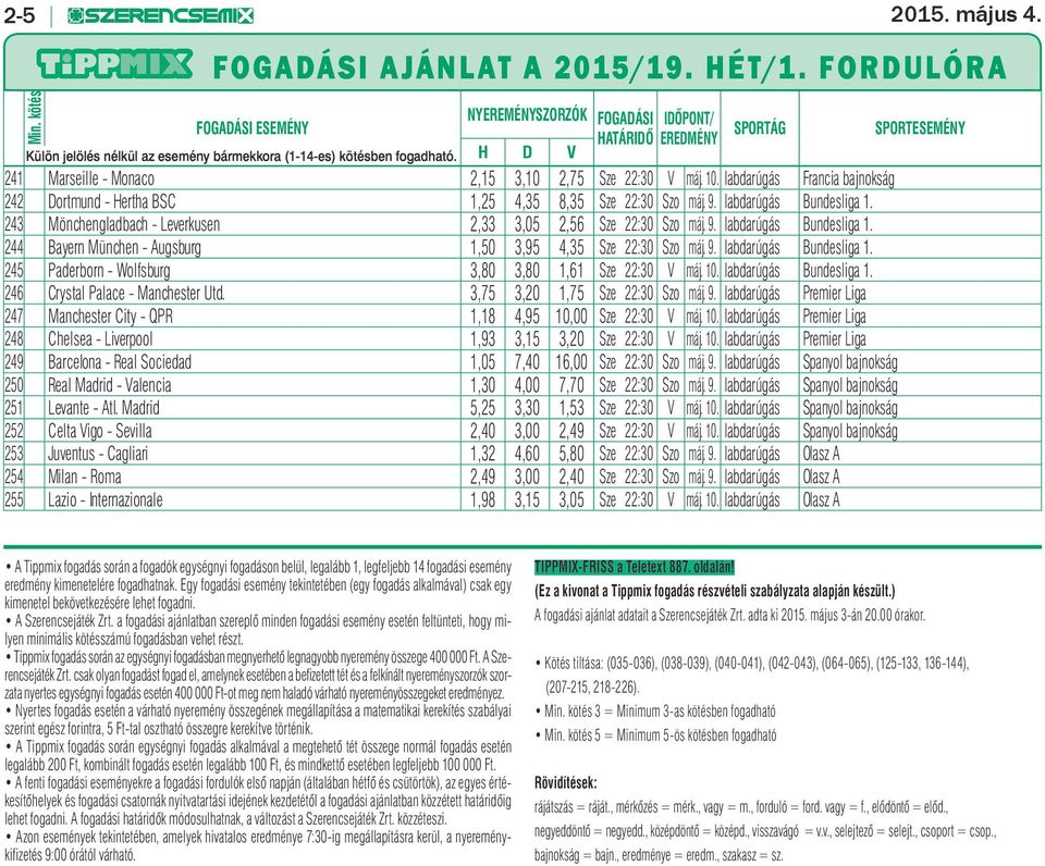 H D V 241 Marseille - Monaco 2,15 3,10 2,75 Sze 22:30 V máj. 10. labdarúgás Francia bajnokság 242 Dortmund - Hertha BSC 1,25 4,35 8,35 Sze 22:30 Szo máj. 9. labdarúgás Bundesliga 1.