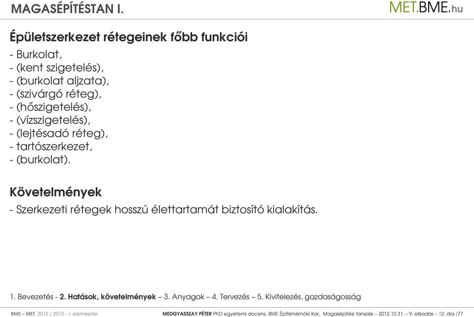 Követelmények - Szerkezeti rétegek hosszú élettartamát biztosító kialakítás. BME MET 2012 / 2013 I.