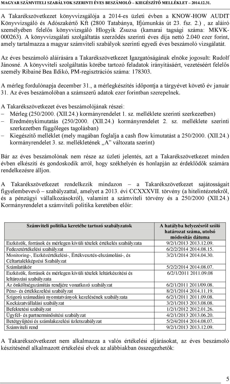 Az éves beszámoló aláírására a Takarékszövetkezet Igazgatóságának elnöke jogosult: Rudolf Jánosné.