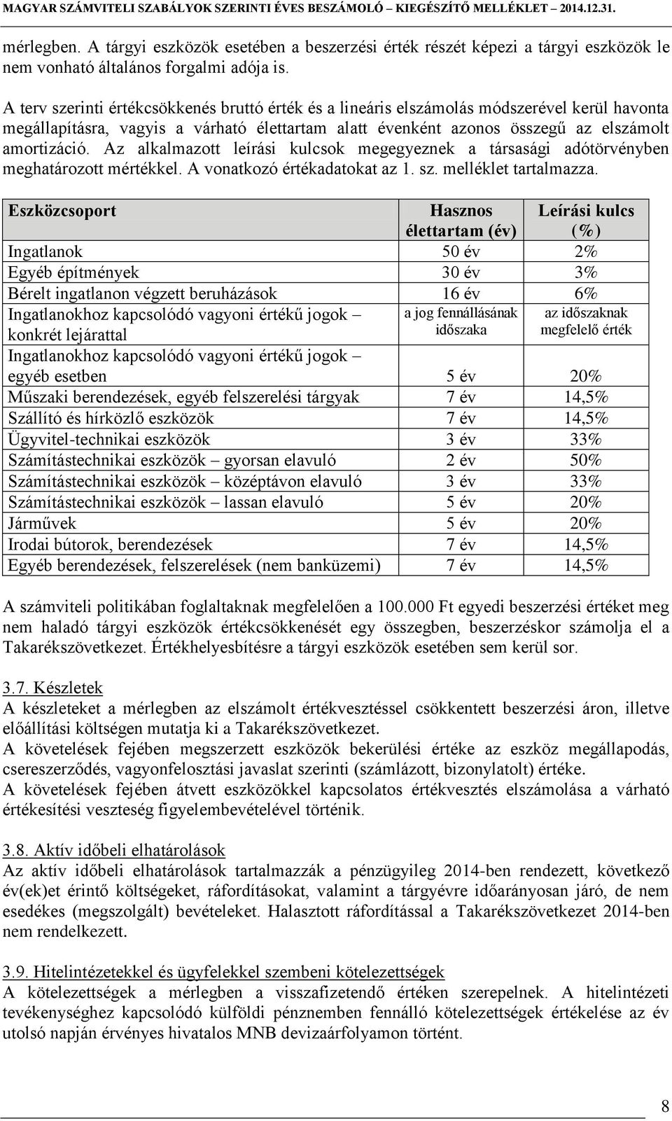 Az alkalmazott leírási kulcsok megegyeznek a társasági adótörvényben meghatározott mértékkel. A vonatkozó értékadatokat az 1. sz. melléklet tartalmazza.