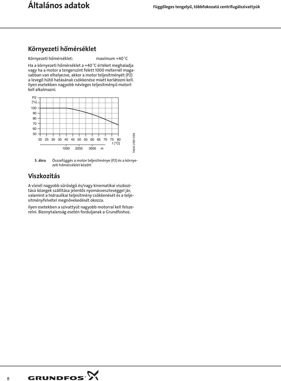 Ilyen esetekben nagyobb névleges teljesítményű motort kell alkalmazni. P [%] 1 9 8 7 6 5 5 3 35 5 5 55 6 65 7 75 8 t [ C] 1 5 35 m TM 189 1598 5.